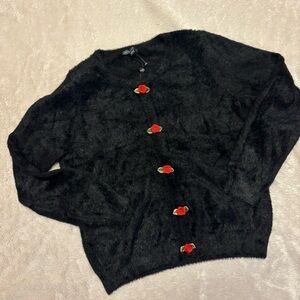 Adrianna Papell Black Sweater with Red Rose Details